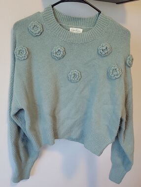 Seafoam Green Floral Appliqué Crewneck Sweater